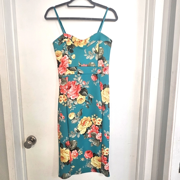 Teal Tropical Flower Midi Dress - Picture 1 of 11